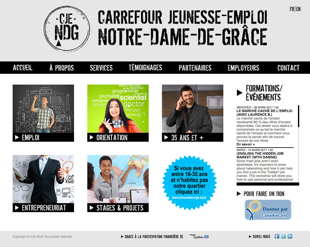 Agitatrice de solutions - Projet CJE NDG - Branding - Web - Pages d'accueil