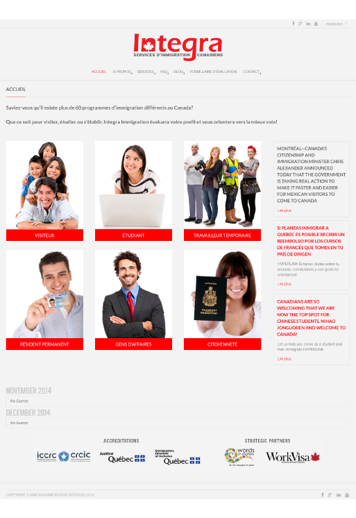 Agitatrice de solutions - Projet Integra services immigration canadiens - Branding - Web - Page d'accueil