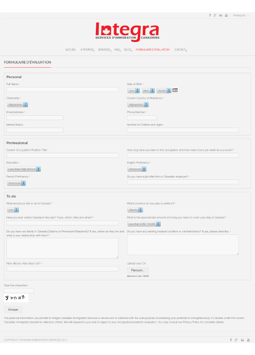 Agitatrice de solutions - Projet Integra services immigration canadiens - Branding - Web - Formulaire